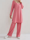 Momentlover Solid Color Long Sleeves Pockets Split-Side Round-Neck Shirts Top + Pants Bottom Two Pieces Set