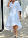 Momentlover High-Low Loose Solid Color V-Neck Maxi Dresses Midi Dresses