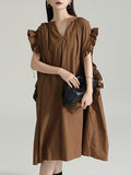 Momentlover Solid Color Pleated Drawstring Adjustable Short Sleeves Raglan Sleeve V-Neck Shirt Dress Midi Dresses