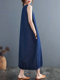 Momentlover Simple Denim Blue Round-Neck Buttoned Sleeveless Midi Dress