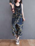 Momentlover Denim Floral Printed Oversize Overalls