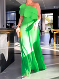 Momentlover Pleated Plain Asymmetric Loose One-Shoulder Maxi Dresses