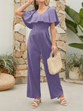 Momentlover Split-Joint Solid Color Ruffle Sleeves High Waisted V-Neck Jumpsuits
