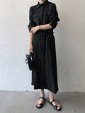 Momentlover Casual A-Line Long Sleeves Bandage Solid Color Lapel Collar Shirt Midi Dresses