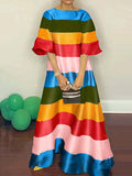 Momentlover Flared Sleeves Half Sleeves Backless Contrast Color Multi-Colored Striped Round-neck Maxi Dresses