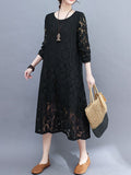 Momentlover A-Line Long Sleeves Hollow Round-Neck Midi Dresses