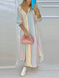 Momentlover Irregular Clipping Three-Quarter Sleeves  Striped Lapel Maxi Dresses Shirt Dress