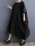 Momentlover Split-Joint Solid Color Pleated Jacquard Gauze Flower Shape Asymmetric Loose Batwing Sleeves Round-Neck Midi Dresses