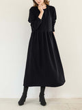 Momentlover Casual Loose Long Sleeves Solid Color Round-Neck Midi Dresses