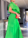 Momentlover Pleated Plain Asymmetric Loose One-Shoulder Maxi Dresses