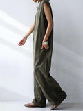Momentlover Casual Solid Color Round-Neck Sleeveless Wide Leg Jumpsuits