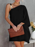 Momentlover Batwing Sleeves Hollow Printed One-Shoulder Mini Dresses