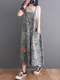 Momentlover Split-Joint Floral Printed Buttoned Wide Leg Oversize Overalls Ninth Pants