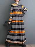 Momentlover Split-Joint Polka-Dot Buttoned Loose Long Sleeves Round-Neck Midi Dresses