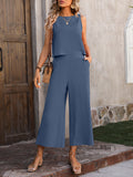 Momentlover Loose Sleeveless Pockets Solid Color Round-Neck Vest Top&Pants Two Pieces Pants Set