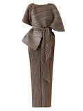 Momentlover Urban Loose Solid Color Tied Pleated Top&V-Back Vest Dress Two Pieces Set