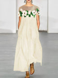 Momentlover Loose Short Sleeves Flower-Embellished Split-Joint Round-Neck Maxi Dresses