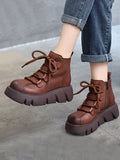 Momentlover Vintage Cow Leather Wool Boots Platform Shoes