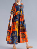 Momentlover Original Printing Split-Joint Round-Neck Midi Dress