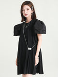 Momentlover Urban Puff Sleeves Split-Joint Black Pleated Mini Dress