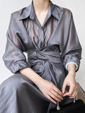 Momentlover Solid Color Long Sleeves Tied Waist Blouse + Loose Elasticity Waist Skirt Two Pieces Set