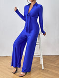 Momentlover Solid Color Knot Elasticity Wide Leg High Waisted Deep V-Neck Jumpsuits