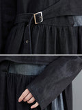 Momentlover Original Loose Denim Split-Joint Tied Lapel Collar Long Sleeves Midi Dress