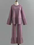 Momentlover Casual Long Sleeves Loose Solid Color Round-Neck Sweater Tops & Wide Leg Pants Two Pieces Set