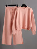 Momentlover Stylish Loose High-Low Long Sleeves Solid Color Round-Neck Sweater Tops& Wide Leg Pants Two Pieces Set