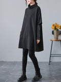 Momentlover Simple Solid Color Knitting Short Sleeves High-Neck Mini Dress