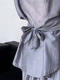 Momentlover Solid Color Long Sleeves Tied Waist Blouse + Loose Elasticity Waist Skirt Two Pieces Set