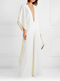 Momentlover Loose Half Sleeves Solid Color Deep V-Neck Jumpsuits