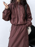 Momentlover Drawstring Elasticity Long Sleeves Loose Pockets Solid Color Zipper Stand Collar Jacket Top + Split-Back Skirts Bottom Two Pieces Set
