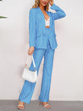 Momentlover Striped Long Sleeves Lapel Blazer Top + Wide Leg Pants Bottom Two Pieces Set