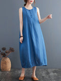 Momentlover Simple Denim Blue Round-Neck Buttoned Sleeveless Midi Dress