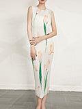 Momentlover Pleated Flower Print Sleeveless Loose Round-Neck Midi Dresses