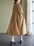 Momentlover Original Loose Solid Color Buttoned Pleated Midi Dress
