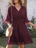 Momentlover Original Half Sleeves Loose Polka-Dot Falbala Solid Color V-Neck Mini Dresses