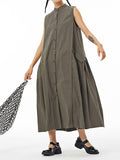 Momentlover Solid Color Pleated Sleeveless Loose Stand Collar Shirt Dress Midi Dresses
