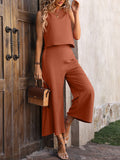 Momentlover Loose Sleeveless Pockets Solid Color Round-Neck Vest Top&Pants Two Pieces Pants Set