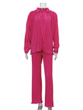 Momentlover Loose Solid Color Pleated Blouse&Wide Legs Pants 2 Pieces Set