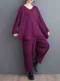 Momentlover Solid Color Long Sleeves Asymmetric Split-Joint V-Neck T-Shirts Top + Harem Pants Elasticity Pants Bottom Two Pieces Set