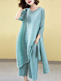 Momentlover Casual Loose Three-Quarter Sleeves Pleated Solid Color T-Shirt&Pants Two Pieces Set