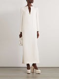 Momentlover Long Sleeves Wrap Solid Color Split-Side V-Neck Maxi Dresses