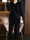 Momentlover Solid Color Polo Long Sleeves Loose Sweater Top + Pants Bottom Two Pieces Set