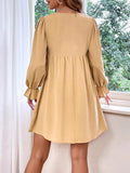 Momentlover Velvet Pleated Elasticity Buttoned Loose Long Sleeves Round-Neck Mini Dresses