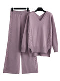 Momentlover Stylish Loose Long Sleeves Solid Color V-Neck Sweater Tops& Wide Leg Pants Two Pieces Set