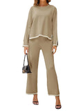 Momentlover Split-Side High-Low Long Sleeves Contrast Color Round-Neck Sweater Top + Pants Bottom Two Pieces Set