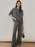Momentlover Urban Loose Solid Round-Neck Vest Top& V-Neck Sweater Tops& Wide Leg Pants Three-Piece Set