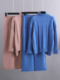 Momentlover Loose Long Sleeves Split-Side Solid High-Low Half Turtleneck Sweater Tops & Wide Leg Pants Two Pieces Set